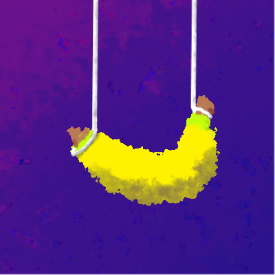 A banana held by 2 strings that ascend to the sky in a purple void